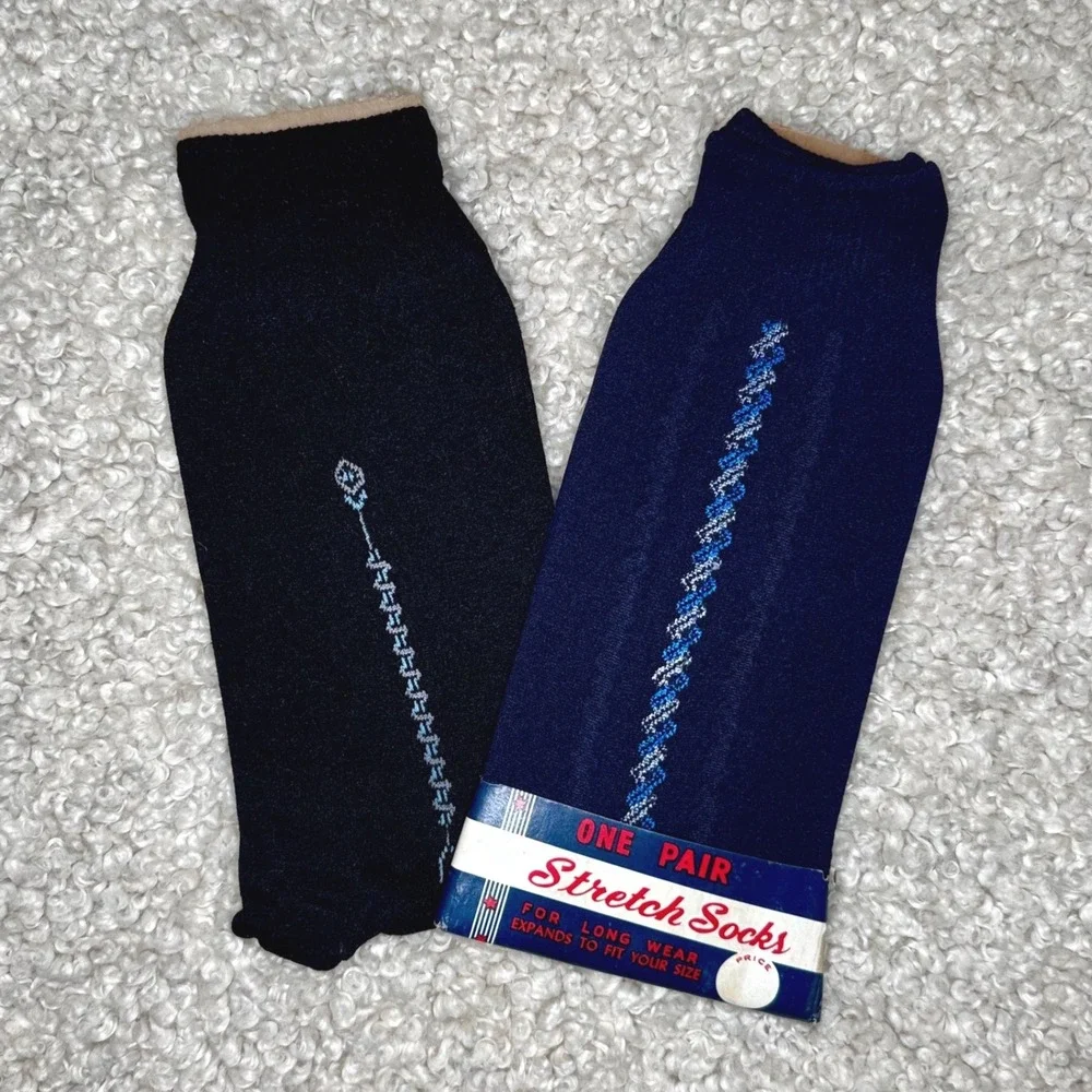 Vintage Deadstock‎ Men's Navy & Blue Nylon Stretch Dress Socks Size 10-13
